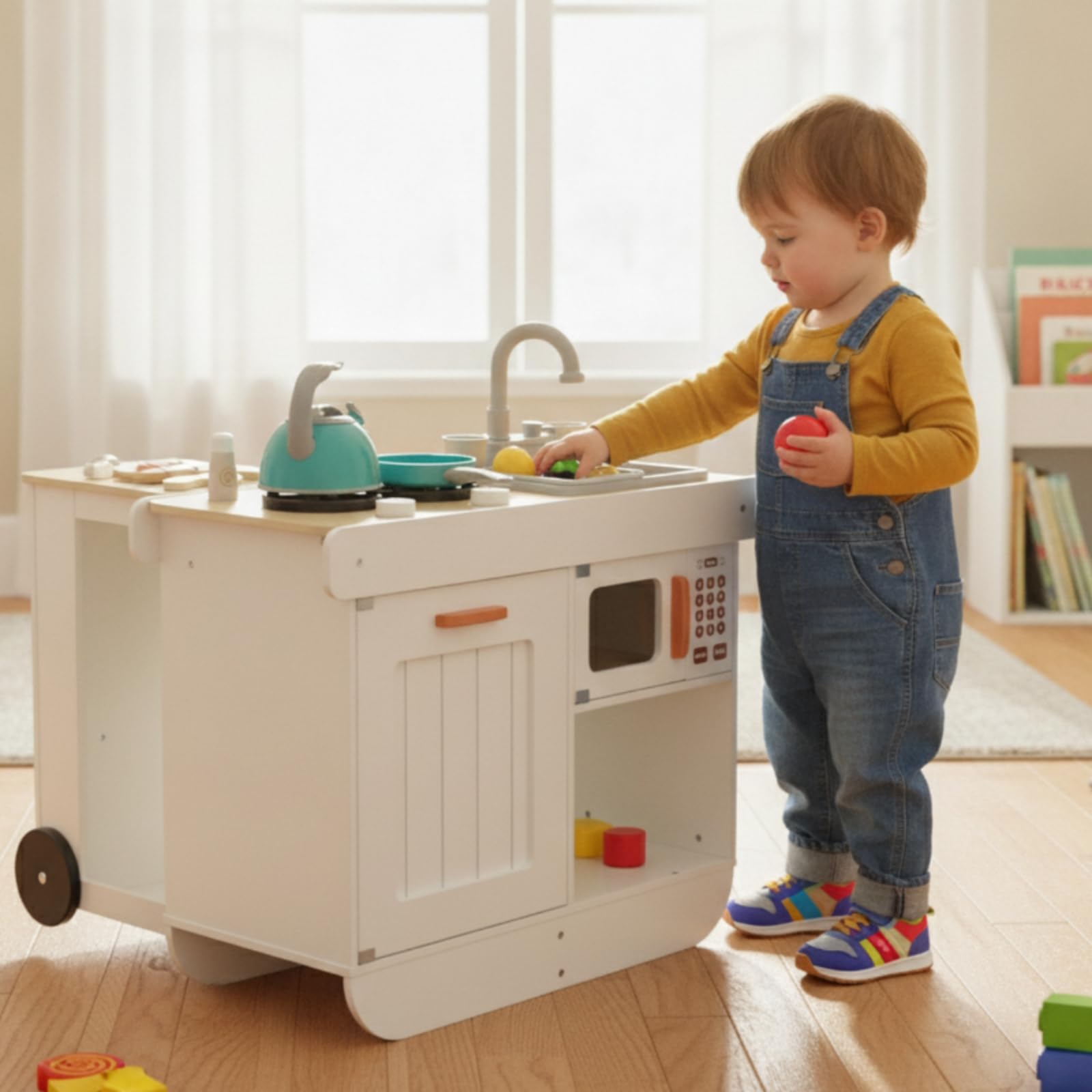 Kinder Spielküche Holz Spielküche Kinderküche Küchenwagen Rollbar mit Spülbecken Herdplatten Und Ofenfach für Rollenspiel Kinderzimmer Zuhause
