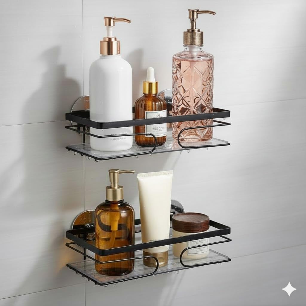 SDZOREN 2-Pack Adhesive Shower Caddy Rustproof Corner Shower Caddy with Adhesives Bathroom Organizers and Storage 1-Layer-Rectangle Black
