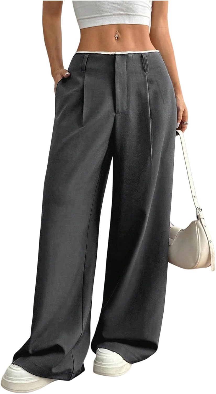 GORGLITTER Women's Low Rise Dress Pants Business Casual Wide Leg Trousers Work Dressy Low Waisted Straight Slacks Pants - Image 6