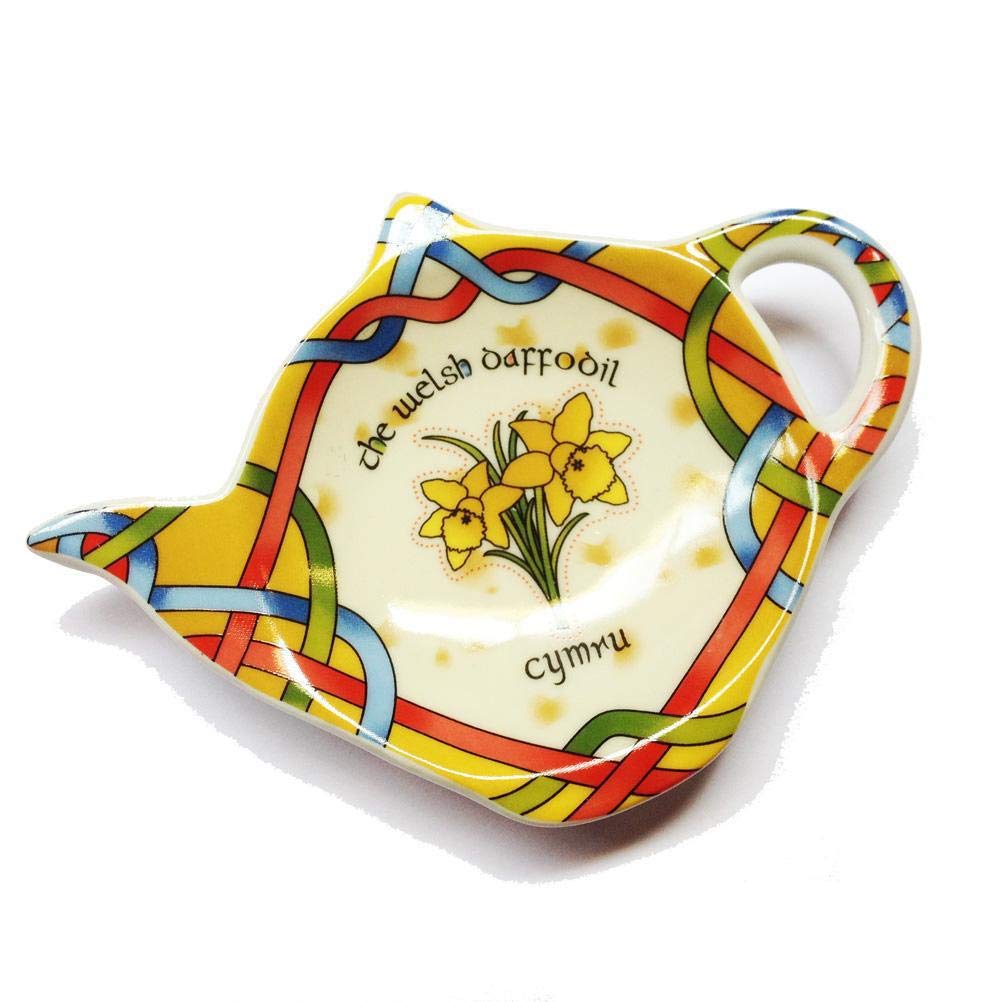 Royal TaraWelsh Daffodil Teabag Holder - Irish Tea Bag Coaster Wales Teapot Shaped Resting Caddy Saucer (H8.5cm, W11.5cm, Red, Yellow, Green)