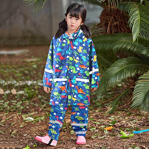 Girls 2PCS Raincoat Dinosaur Button Rain Jacket Hooded Windproof Raincoat Kids Reflective Clothes Pants Trench Coats2