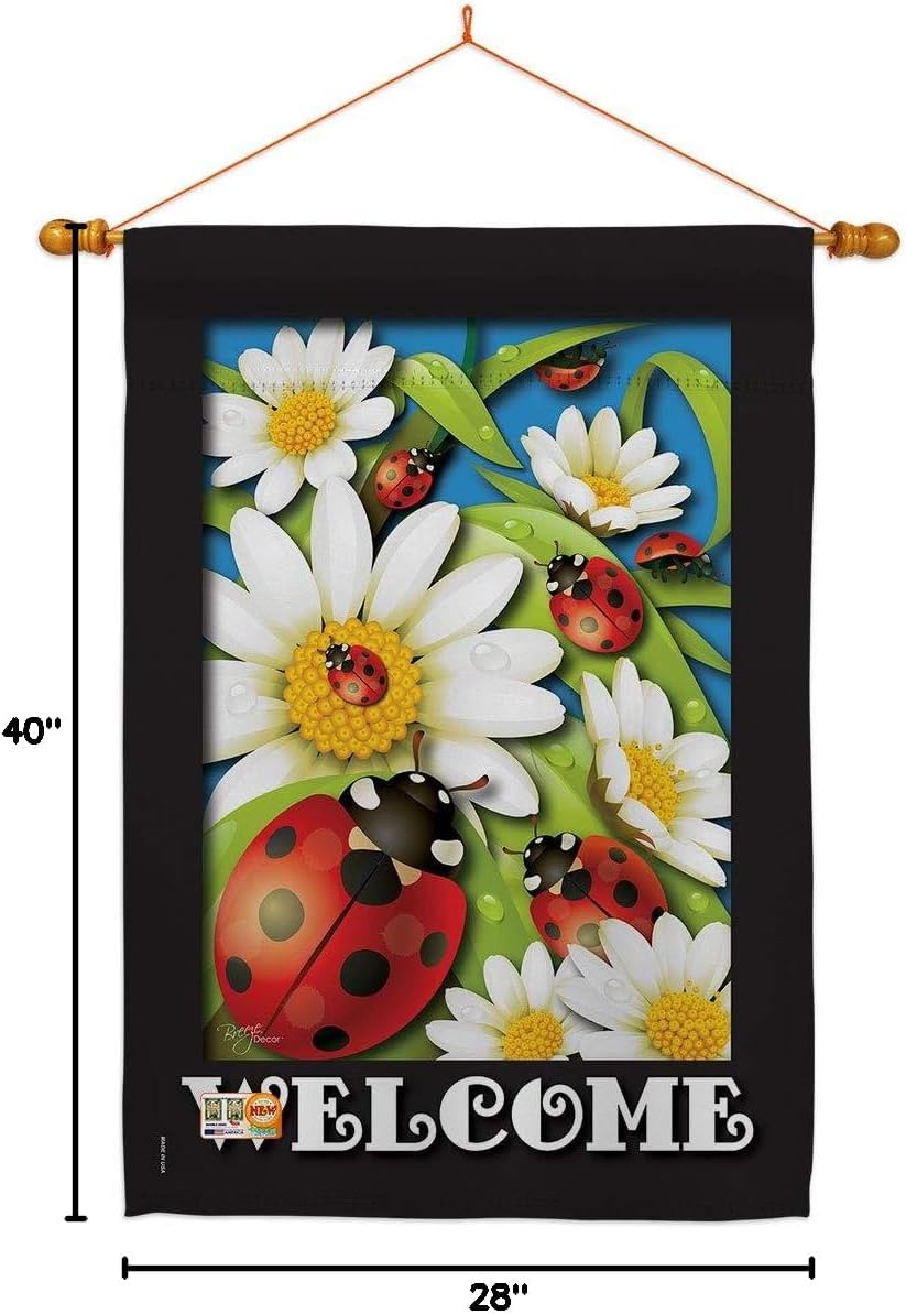 Ladybug Heaven House Flag Dowel Set Garden Friends Butterfly Ladybugs Dragonfly Bee Springtime Insect Natural Wildlife Small Decorative Gift Yard Banner Made In USA 28 X 40