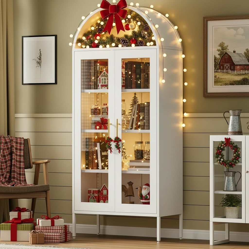 DWVO Arched Display Cabinet with Glass Doors, 71" Tall Storage Organizer Cabinet with Adjustable Shelves, Curio Cabinet with LED Lights, 5 Tier Bookcase for Collectibles Living Room Office, White
