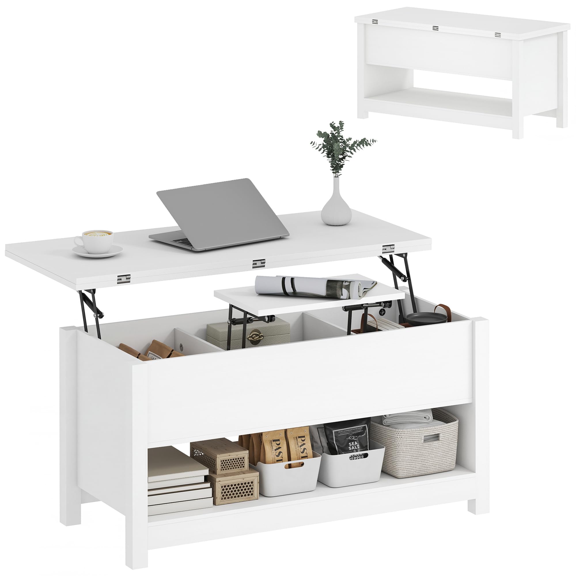 HOMCOM Mesa de Centro Elevable y Extensible Comedor 100x90x64 cm Blanco | Mesa de Salón con Compartimentos Ocultos, Estante Abierto, para Oficina