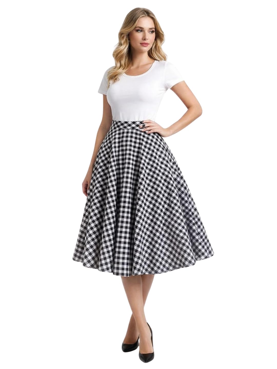 Janasya Women's Vintage A-Line Midi Skirt, Checkered Gingham Pattern, DN 108 in neutral