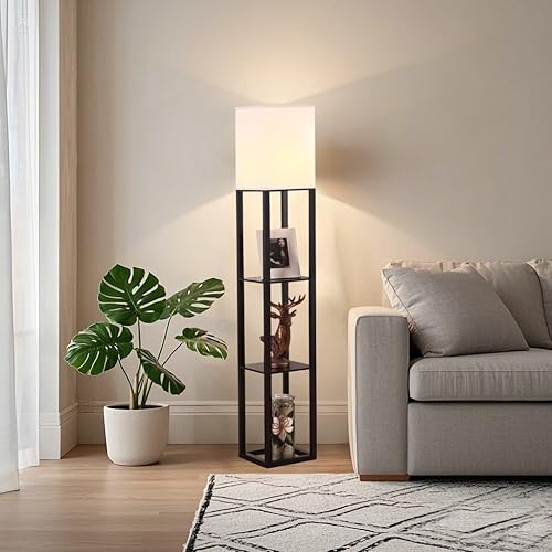Miniatura 4 de HomeFocus - Lámpara de pie con estantes, lámpara de pie con bombilla LED, lámpara de exhibición de esquina para sala de estar, dormitorio y oficina,