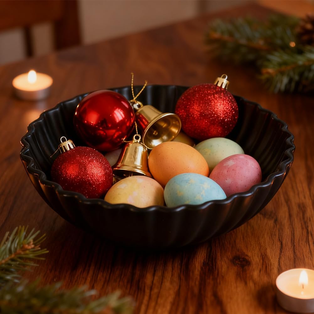 Large Black Fluted Decorative Bowl – Modern Ruffle Bowl for Kitchen, Living Room, Entryway & Coffee Table Décor, Multifunctional Black Fruit Bowl for Keys, Decorative Storage for Home