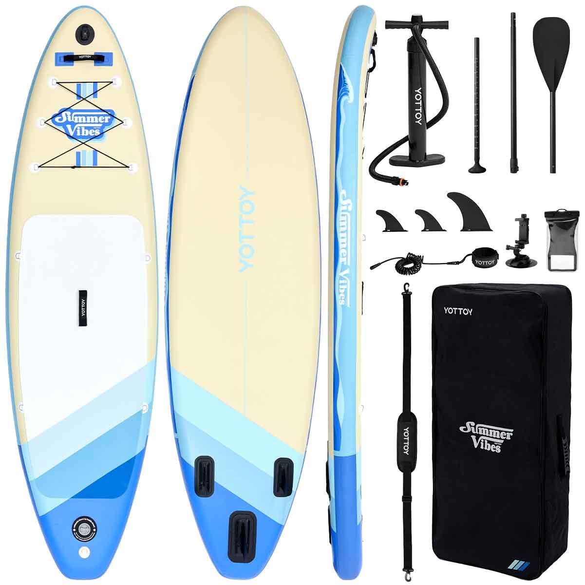 yottoy inflatable stand up paddle board,stable lightweight 10'5" sup with non-slip eva deck, premium paddleboard accessories, three-fin system & carry bag,all-around inflatable sup