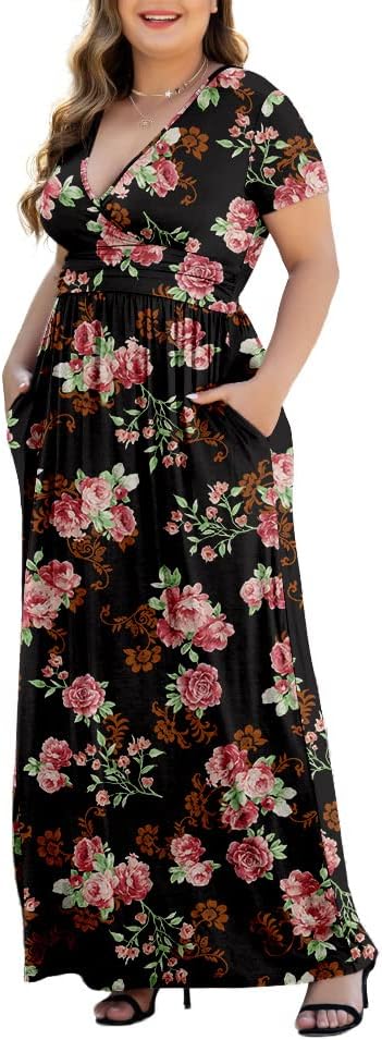 Women's L-5XL Short Sleeve V-Neck Plus Size Maxi Dresses with Pockets - Image 3