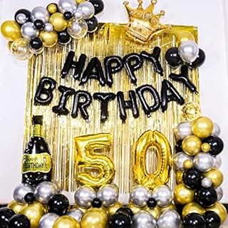 Black and Gold 50th Birthday Decorations for Men Women, 40in 50th Birthday Balloons, 50th Birthday Banners, Black Gold Balloon Arch Kit Party Decorations Fringe Curtain Champagne Silver Balloons