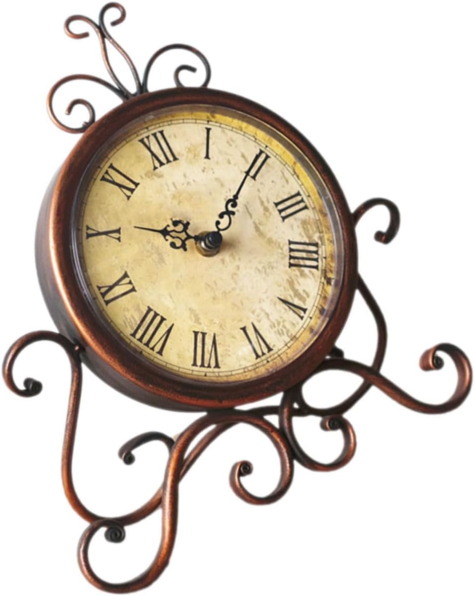 Retro Desk Clock Vintage Iron Art Mute Table Clock Brown European Style Living Room Bedside Decor Mantel Shelf Ornament No Battery