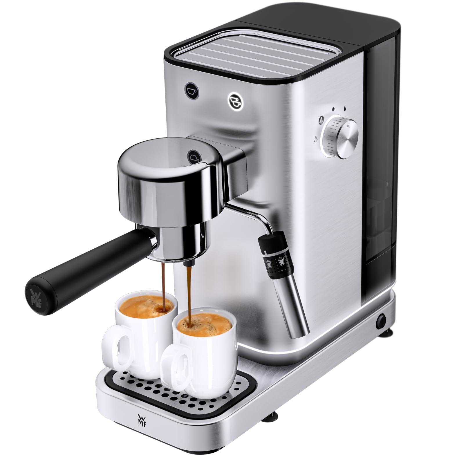 WMF Lumero Siebträgermaschine – kompakte Espressomaschine aus Edelstahl mit 15 bar, Thermoblock-Heizsystem, Milchaufschäumdüse, 3 Einsätzen für 2 Tassen Espresso, LED-Beleuchtung, Tassenabstellfläche