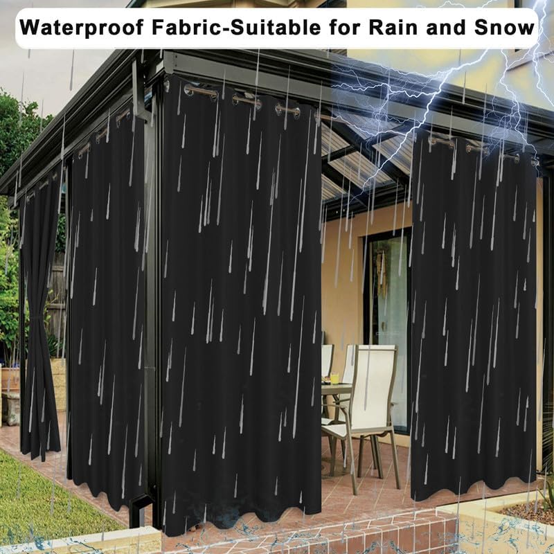 Waterproof Indoor Outdoor Curtains Premium Thick Blackout Curtains for Patio, Gazebo, Porch, Fade Resistant Privacy Curtains for Bedroom, 1 Panel, W54 xH102, Black