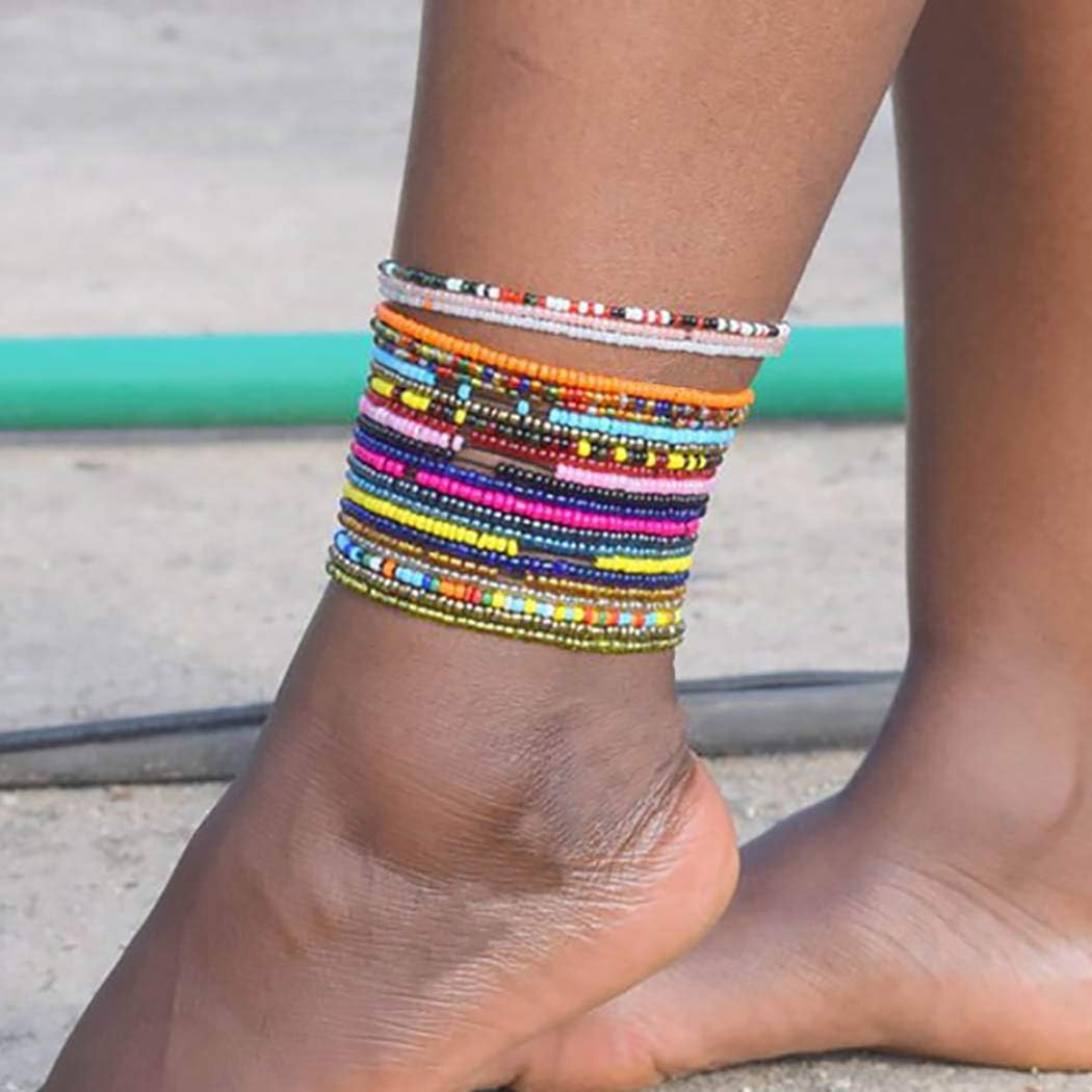 ELABEST African Beads Anklet 18pcs Boho Beaded Ankle Bracelet Elastic Bead Foot Chain Jewelry for Women (Colours)