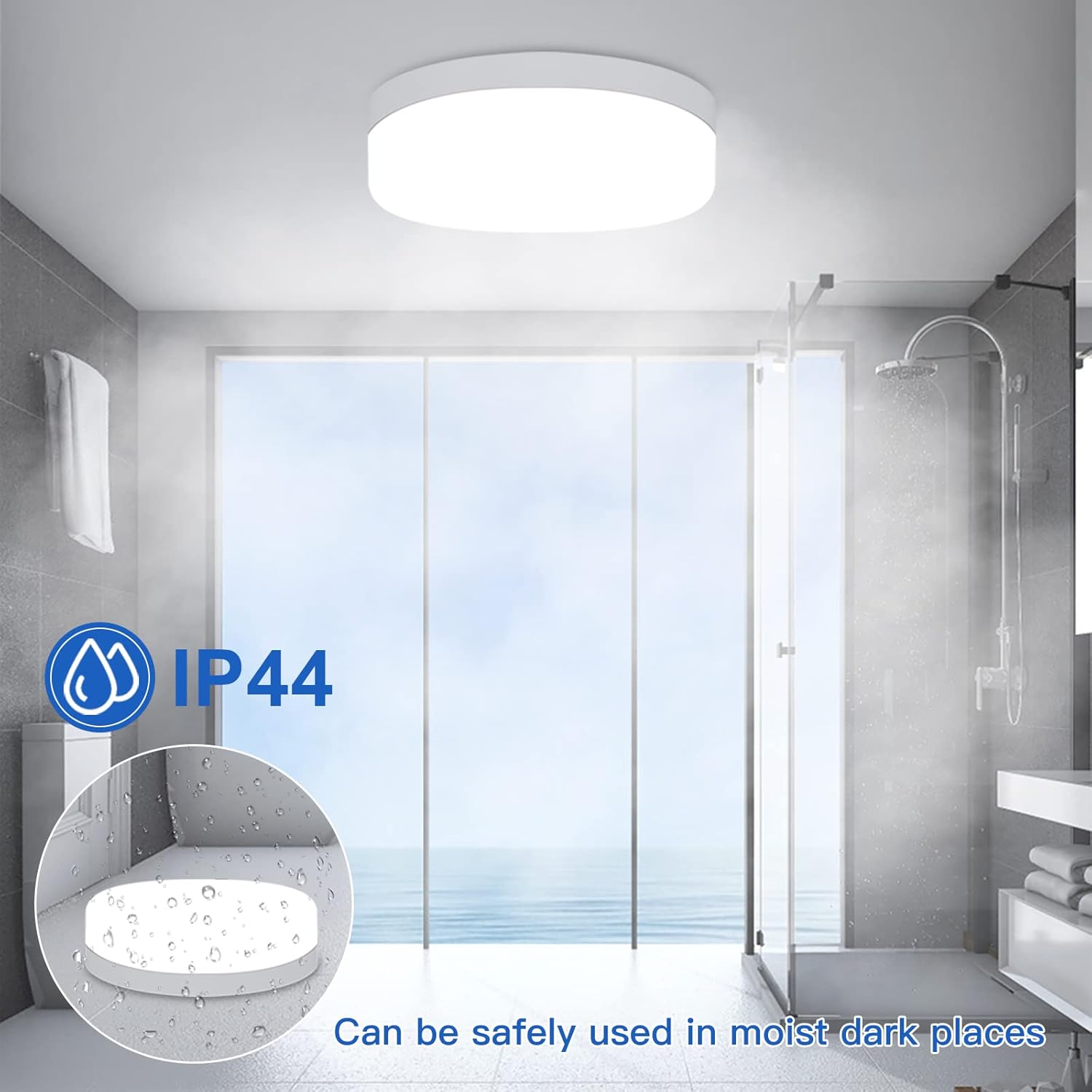 Diagram highlighting key components of the DLLT LED ceiling light: LED upgraded driver, snap-fastened design, acrylic lampshade, and painted aluminum die-casting frame.
