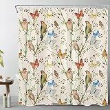 LB Floral Plant Shower Curtain Watercolor Flower Butterfly Birds Beige Backdrop Vintage Bathroom Dec