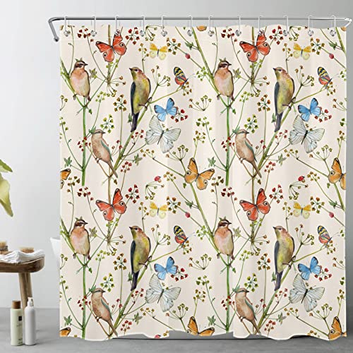 Lb Floral Plant Shower Curtain Watercolor Flower Butterfly Birds Beige Backdrop Vintage Bathroom Decor With Hooks, Easy Care Polyester Fabric Bathroom Curtain 72X72 Inch #TOP12