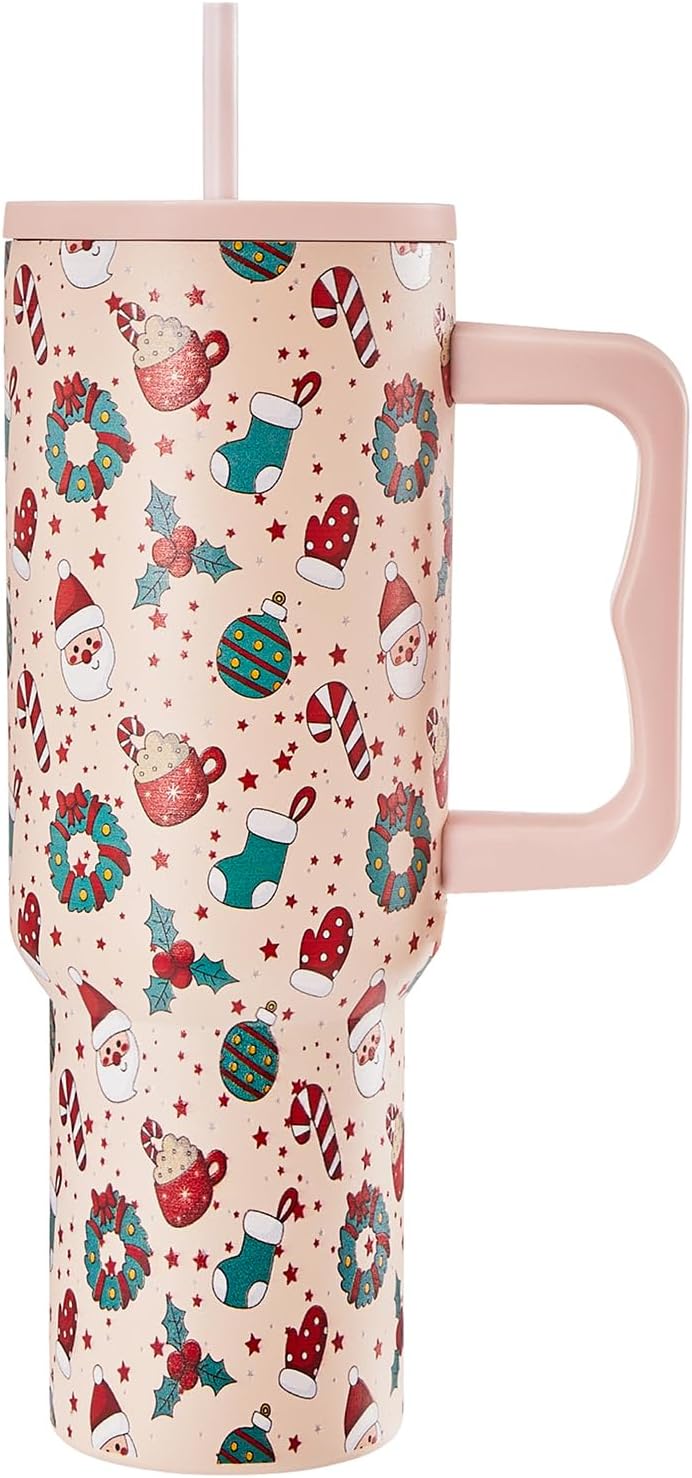 TaroKitc 40 oz Christmas Tumbler with Handle and Straw, Xmas Stainless Steel Insulated Travel Mug, Cup Holder Friendly, Holiday Gifts for Women Men Adults, Rose Quartz Christmas Stars