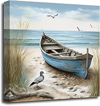 لوحة فنية جدارية ساحلية لديكور الحمام وقارب بحري على الشاطئ من ال زد اي ام يو مؤطرة المنزل كوستال-1 12 انش × .