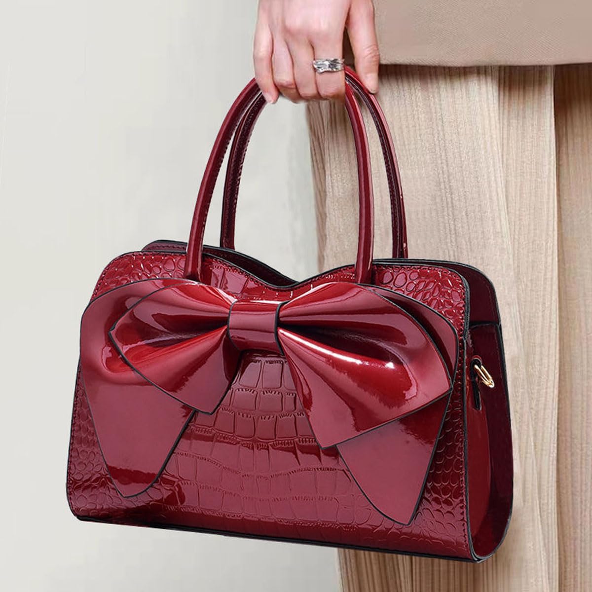 XingChen Shiny Women Handbag Patent Leather Bowknot Purse Charm Glossy Top-Handle Satchel Tote Fashion Shoulder Bag | Shiny, Bowknot, Purse, Charm, Glossy, Fashion - Image 3