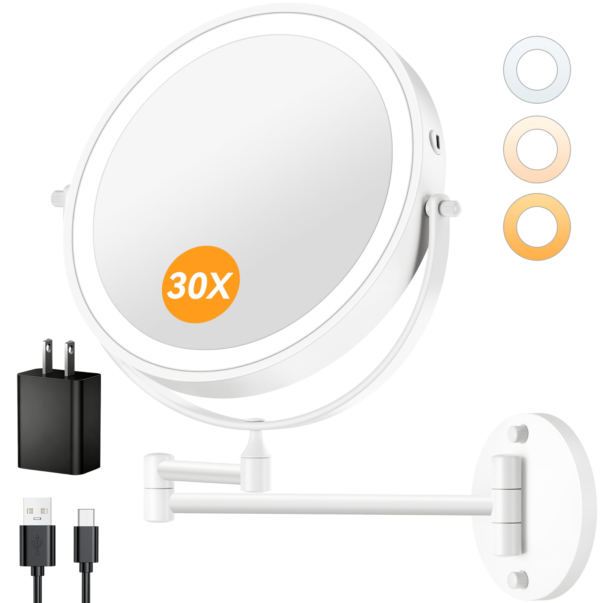 Auxmir 9-Inch 1X/30X Lighted Wall-Mounted Makeup Mirror