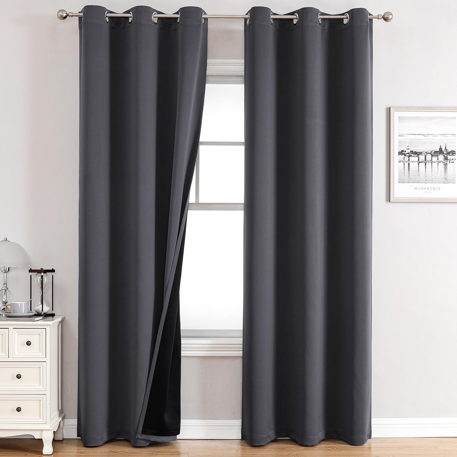 ChrisDowa 100% Blackout Curtains for Bedroom with Black Liner, 2 Thick Layers Total Blackout Thermal Insulated Grommet Window Curtains 84 Inch Long 2