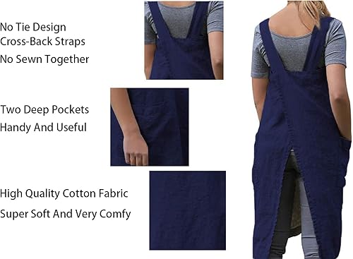 Miniatura 7 de Delantal Pinafore para mujer, con espalda cruzada y bolsillos, delantal de lino y algodón, talla grande, Azulclaro