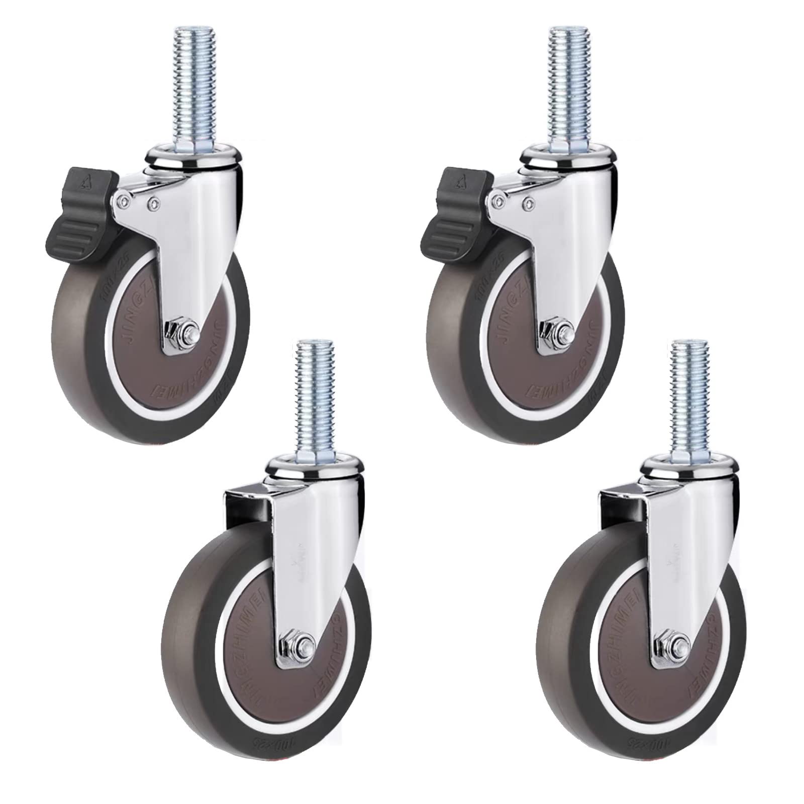 GYRAZXS 4 Inch Swivel Casters 100mm Rubber Trolley Wheels with Brake M10 x 25mm Threaded Heavy Duty Caster Replacement for Shopping Carts Furniture Trolleys 4 Pack
