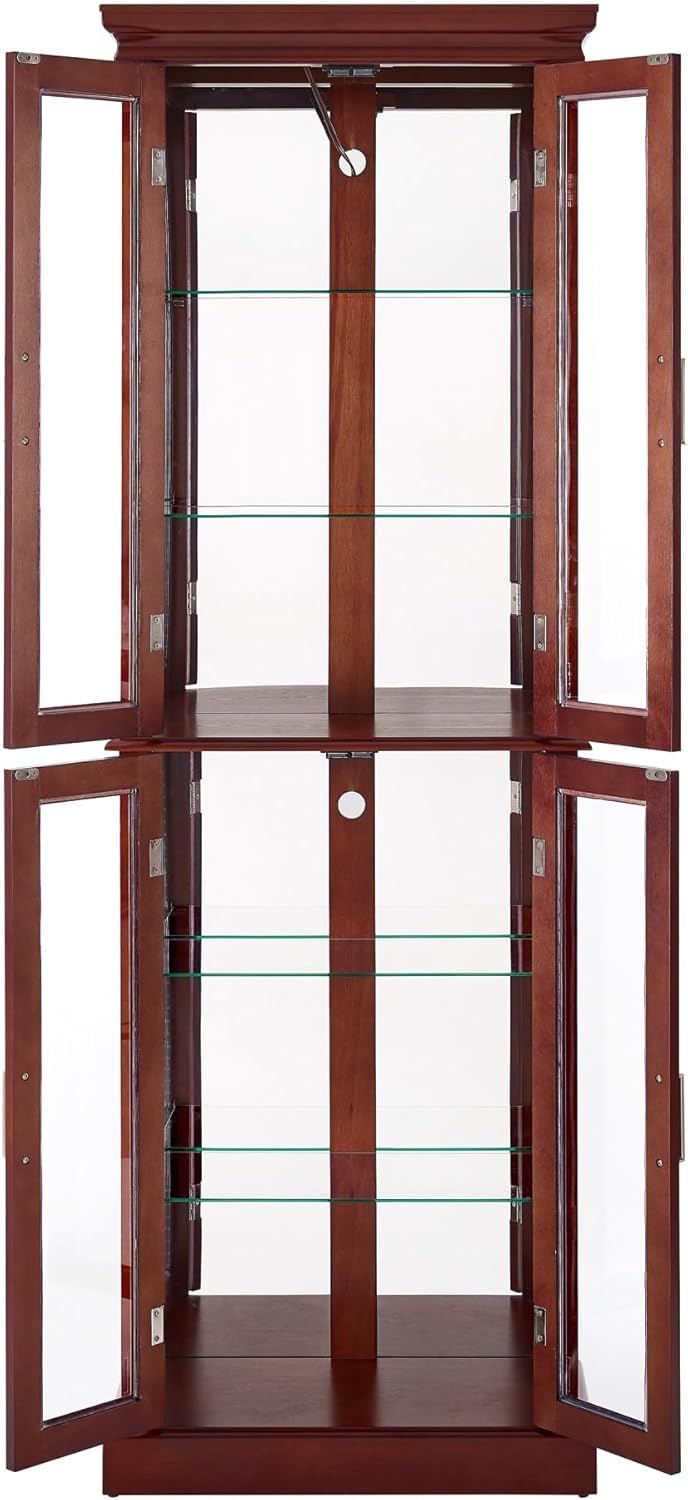 Curio Cabinet with Adjustable Shelves, Mirrored Back, Tempered Glass Doors, 6 Tier, Cherry