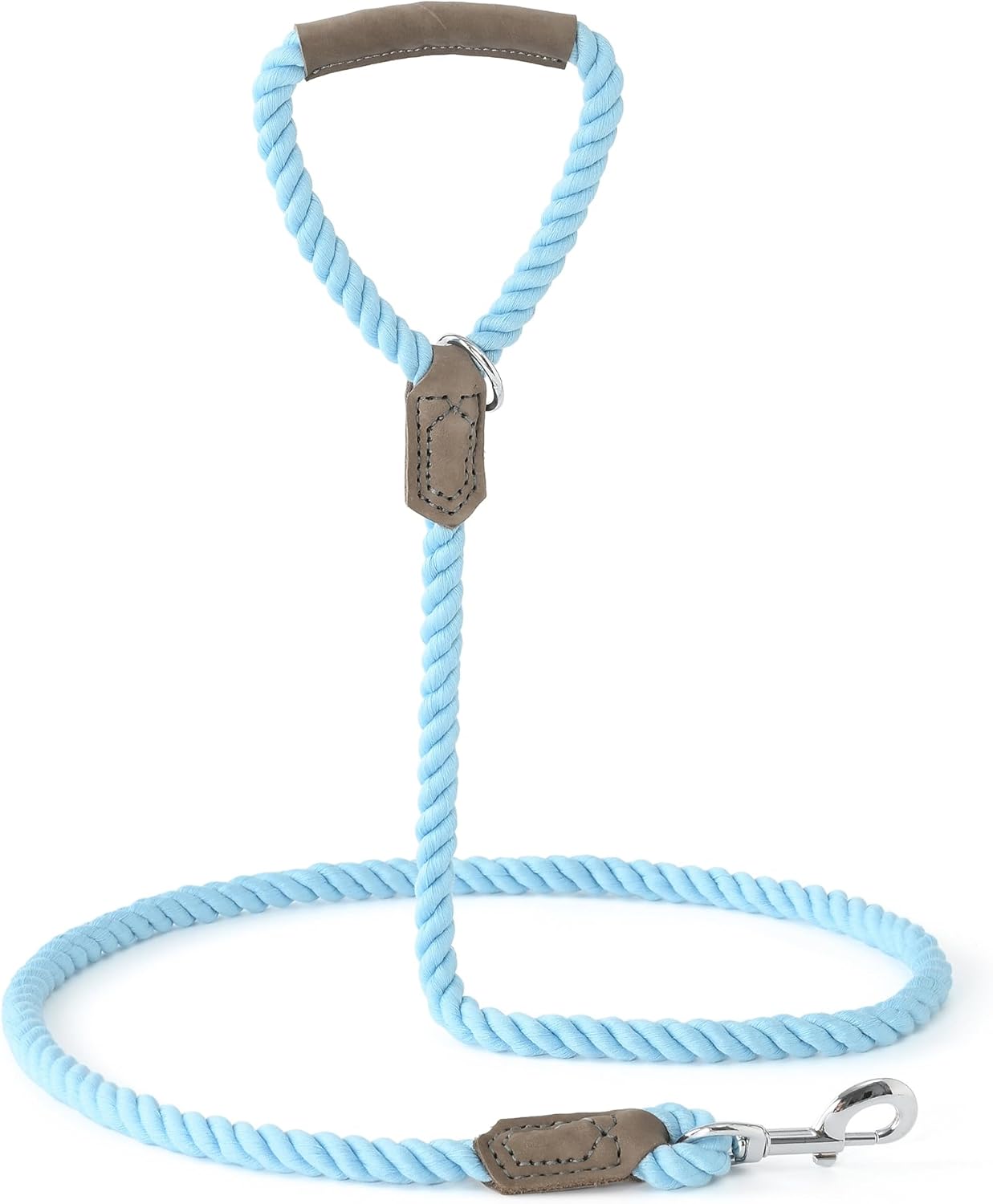 Mile High Life Dog Leash, Braided Cotton Rope Leashes with Leather Handle - Heavy Duty Metal Clasp, 6FT, 1/2" Thick - Wedding, Walking & Training Leash for Medium Large Dogs (Sky Blue)