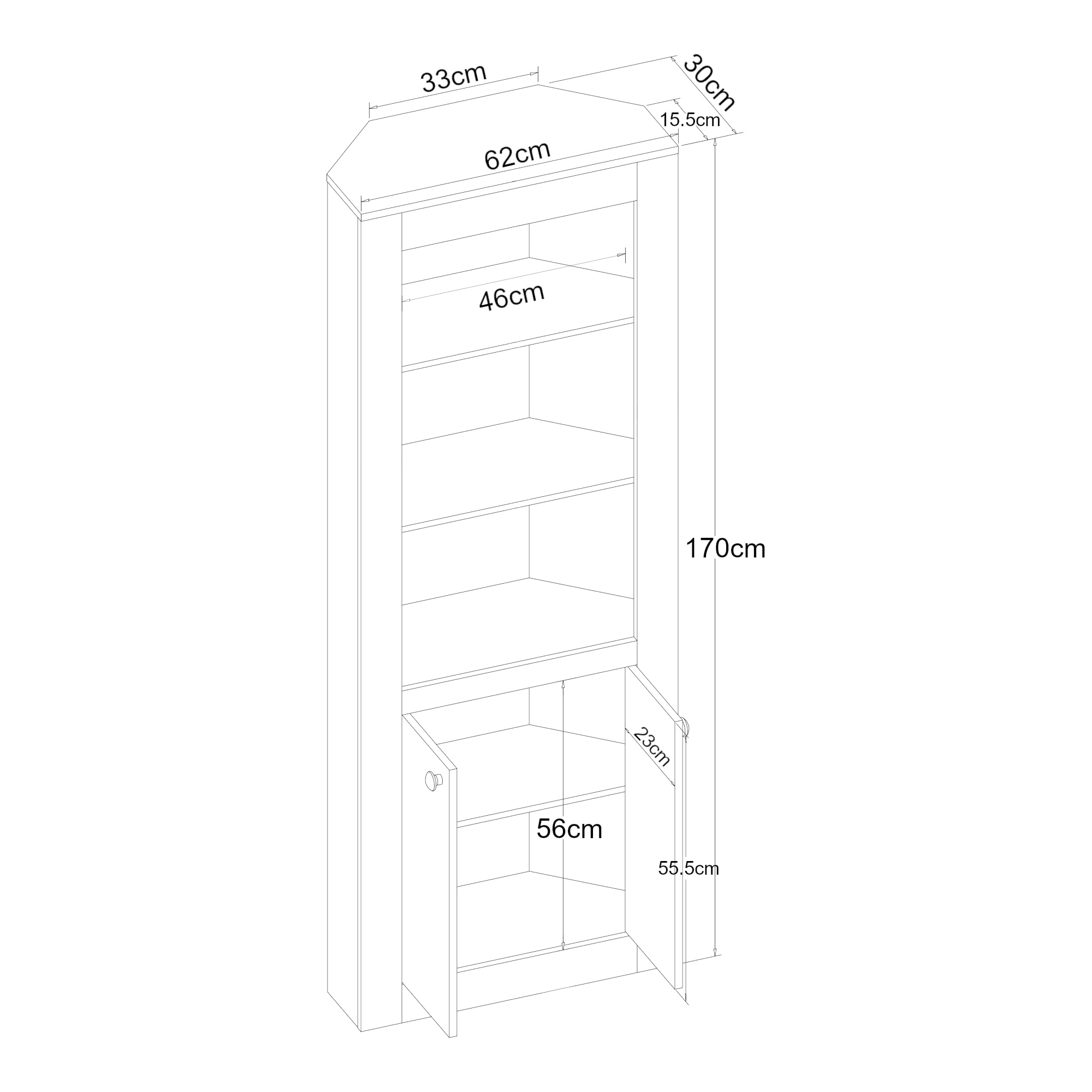 [en.casa] Eckschrank Eura Wohnzimmerschrank mit 2 Türen Hochschrank Bücherschrank Aktenschrank mit 3 offenen Ablagen Eckregal für Wohnzimmer, Büro, Flur 170x62x30cm Eiche