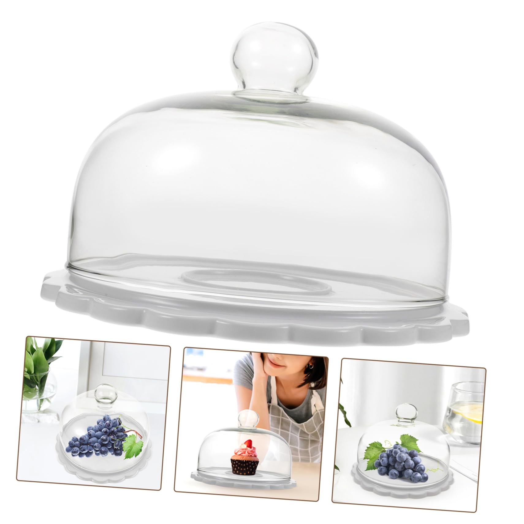 CHILDWEET Soporte para Tartas Redonda de Cerámica con Tapa de Vidrio white para Bodas y Cumpleaños, Protege Alimentos con Diseño Elegante