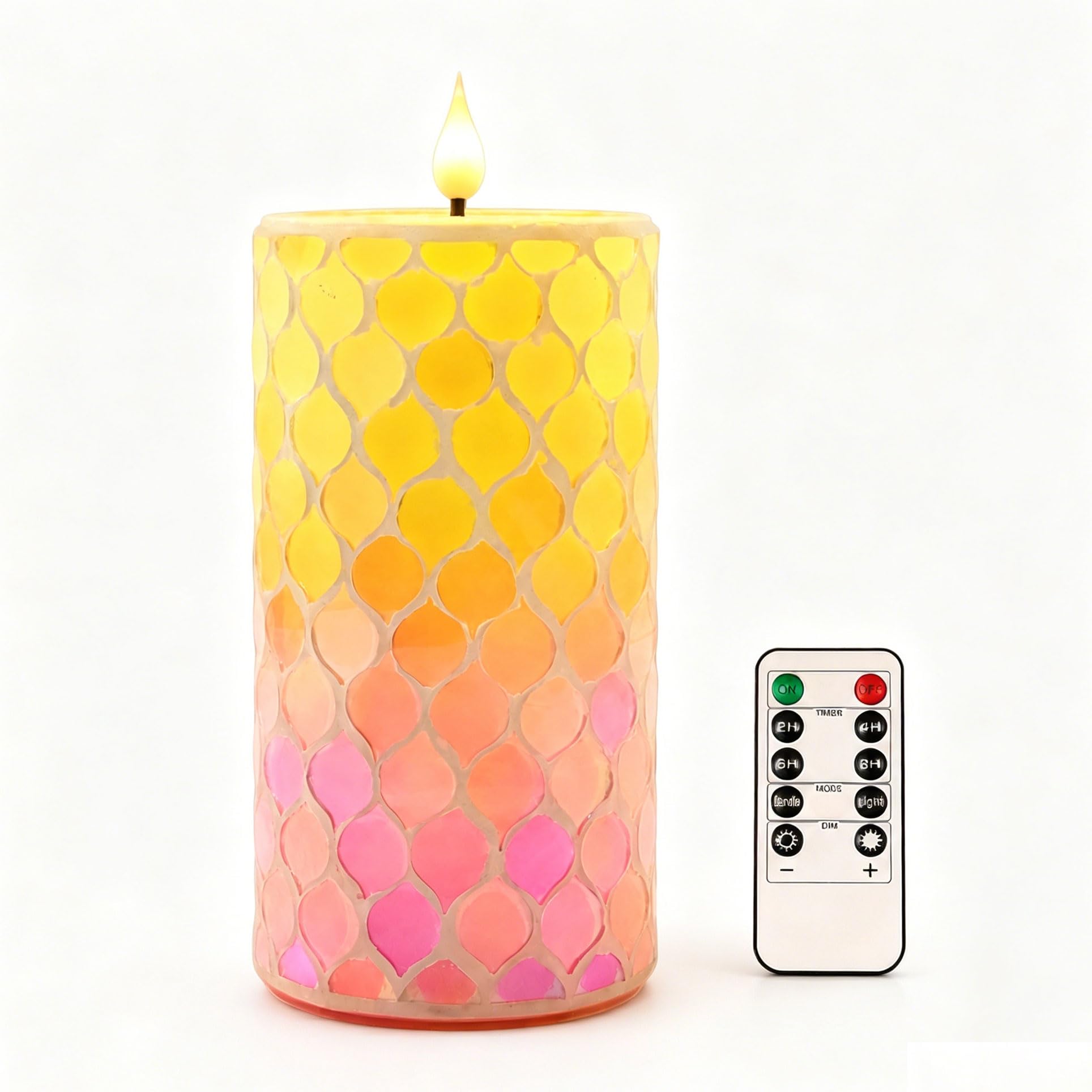 Da by Handmade Mosaic LED Candle with Yellow/Orange Gradient Stained Glass Shards, Realistic Flickering Flame, Natural Wax & Glass, 8.3 x 18 cm, Remote Control, Reusable for Indoor Decoration, Pack of