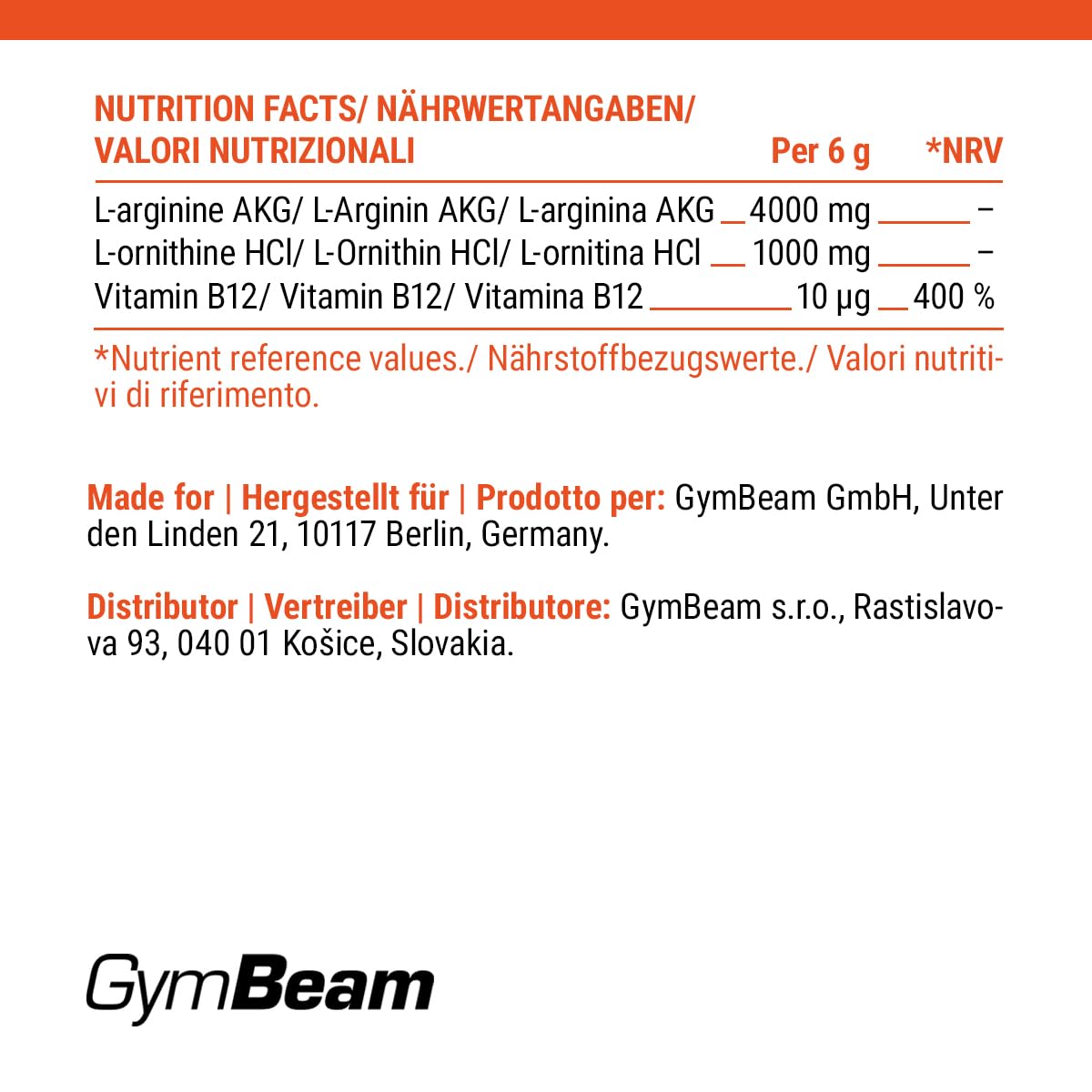 GymBeam L-Arginina + Ornitina, Integratore Funzionale con Vitamina B12, Benefici per Flusso Sanguigno Muscolare, Riduzione della Fatica, per la Salute della Psiche (420 g, Mango-Maracuja)