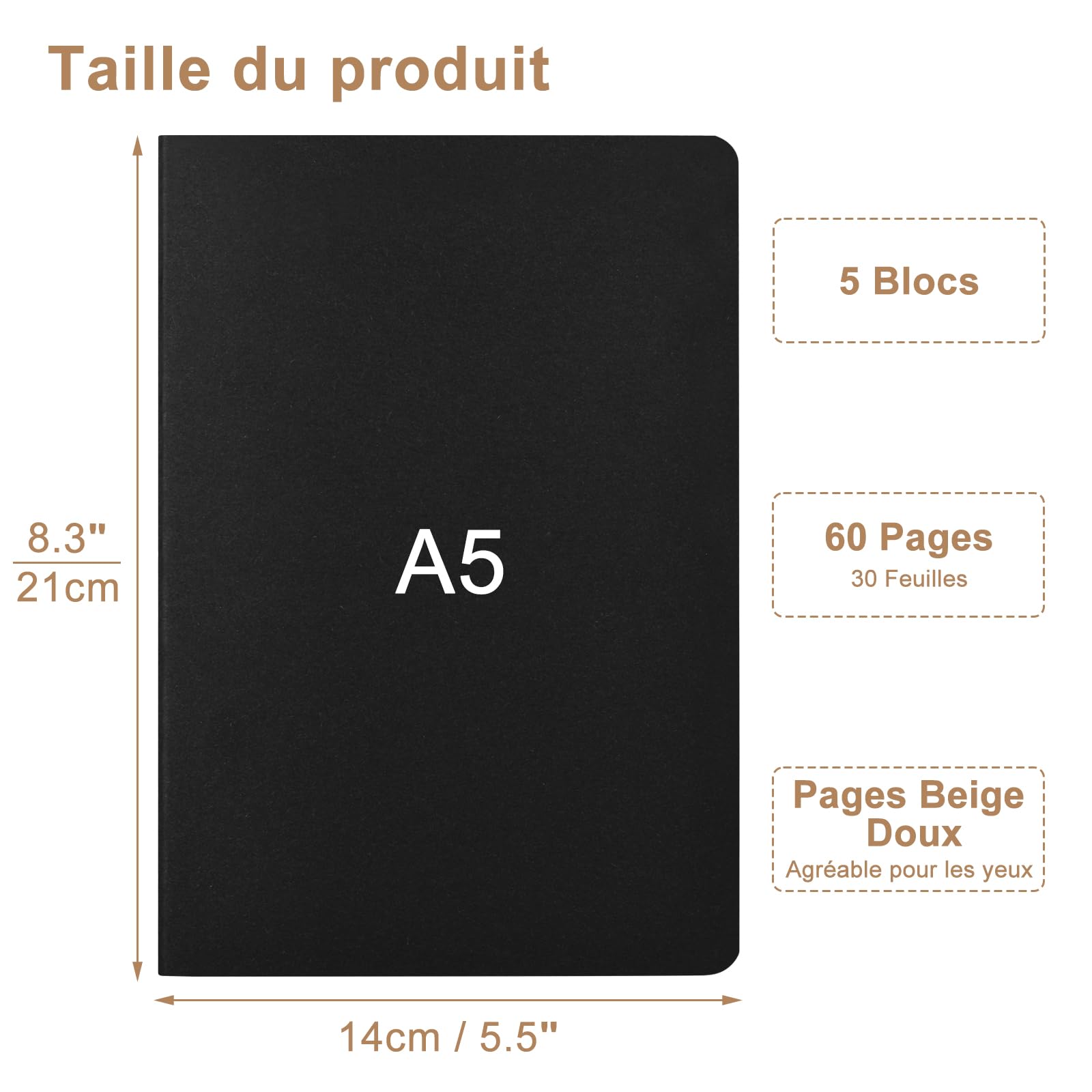 Cahiers Lignés A5 Lot de 5 Blocs Carnet de Notes Couverture Kraft Noire 60 Pages