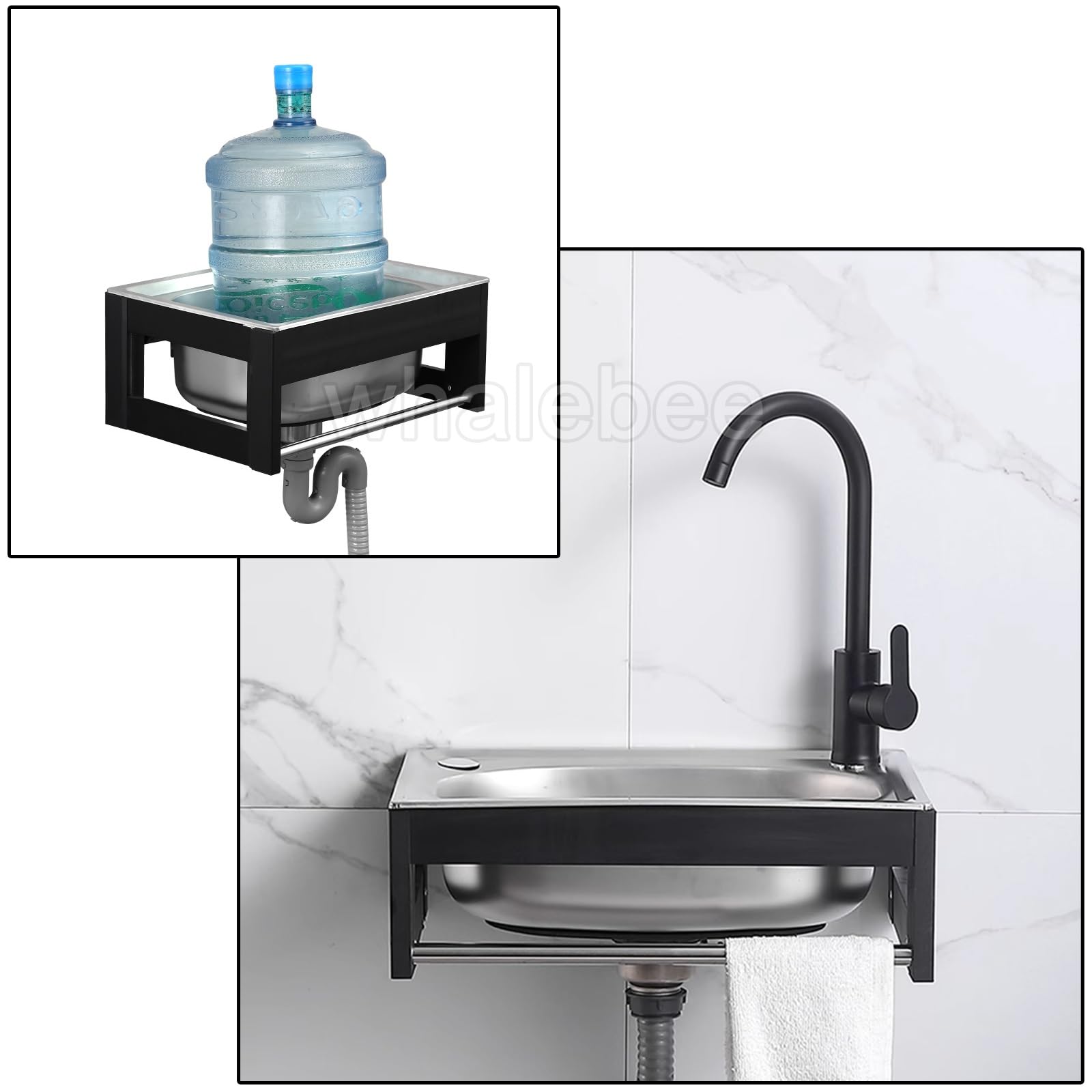 Küchenspüle Edelstahl Spülbecken Wandmontiert Outdoor-Spülenset Mit Wasserhahn, Handtuchhalter, Oberen/unteren Wasserleitungen - Gartenspüle Mit Aluminiumrahmen, Waschtisch, Geschirr
