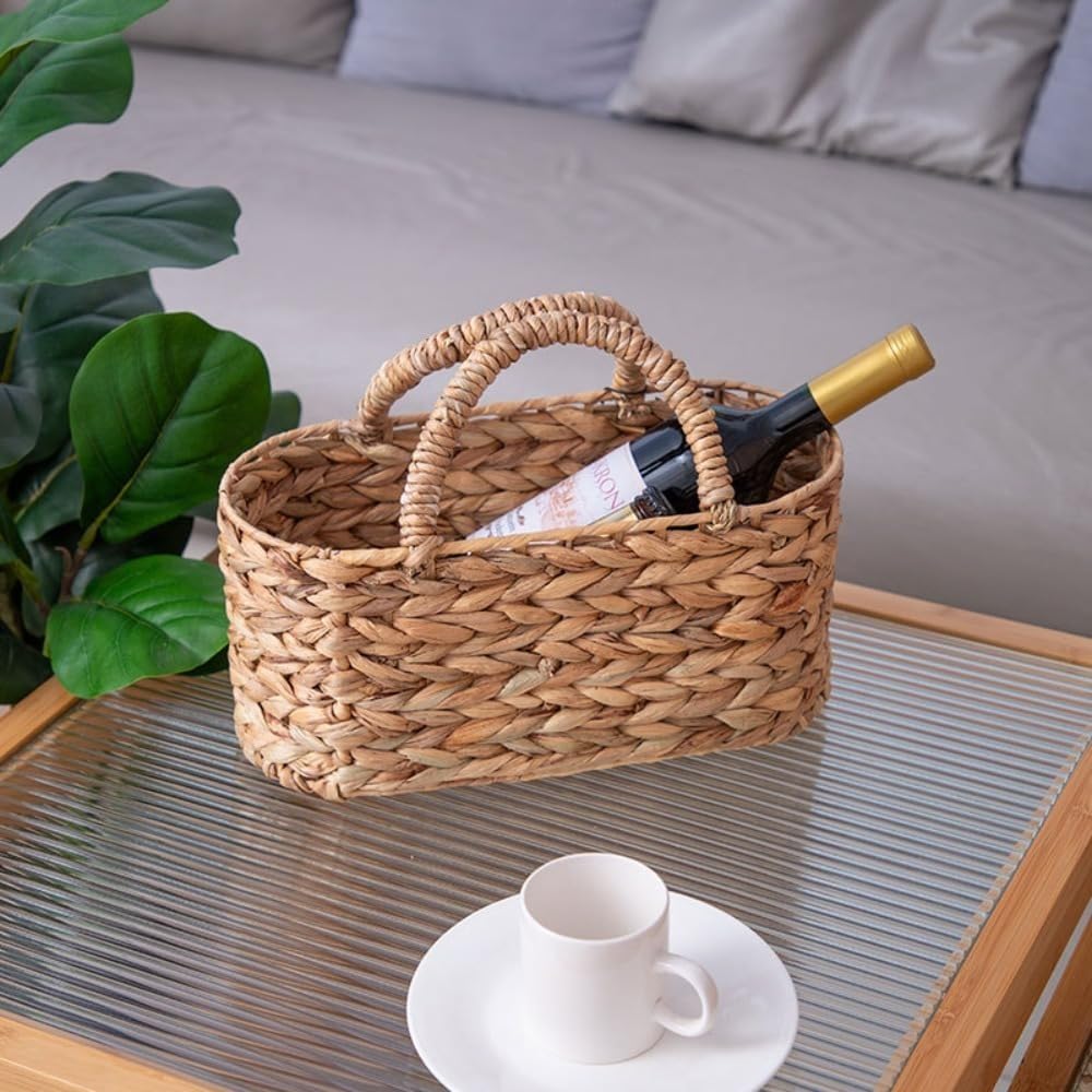 Panier en jacinthe d'eau tissée avec poignées, naturel, rectangulaire, 37 cm x 18,5 cm x 27 cm, sac de rangement et de pique-nique