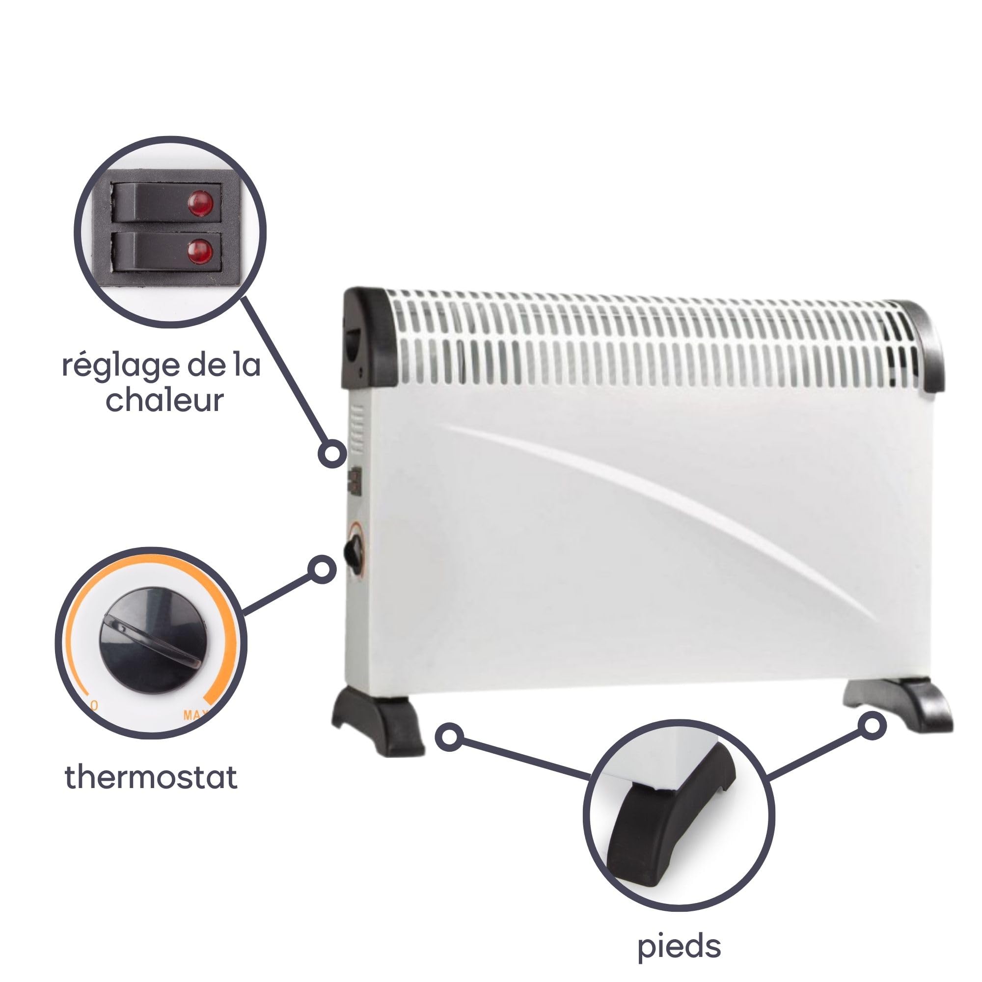 Perel Chauffage convecteur 2000W, convecteur électrique avec 3 niveaux de chaleur, thermostat, IP20 protection contre la surchauffe, portable ou mural pour pièces jusqu’à 60 m³