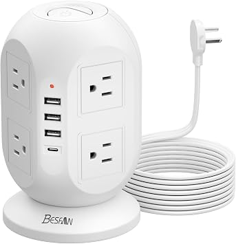 Tower Surge Protector Power Strip 10 ft with 8 Outlets 4 USB Ports1 USB C, Flat Plug Extension Cord with Multiple Outlets Charging Station for Home Office Dorm, White