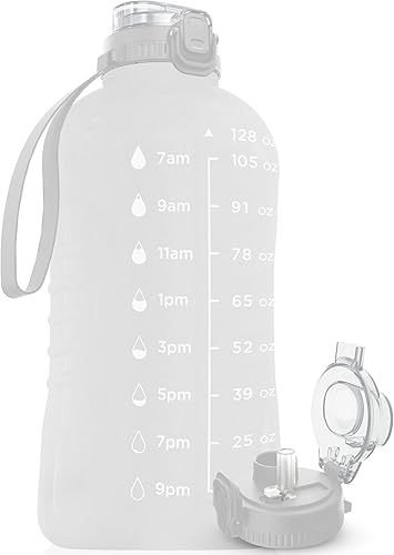 Miniatura 1 de AQUAFIT Botella de agua de 128 onzas con marcador de tiempo, tapa de popote y pico 2 en 1, botella de agua grande con popote, botella de agua para