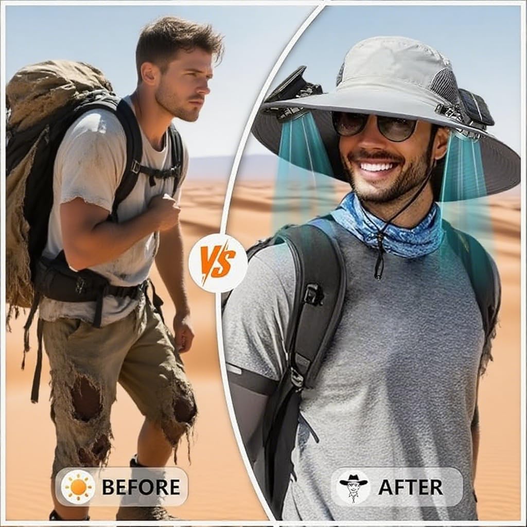 Solar Fan Hat,Outdoor Wide Brim Sun Hat with 2 Built-in Solar Fans,UPF 50+ Bucket Fishing Solar Fan Hats for Men Women
