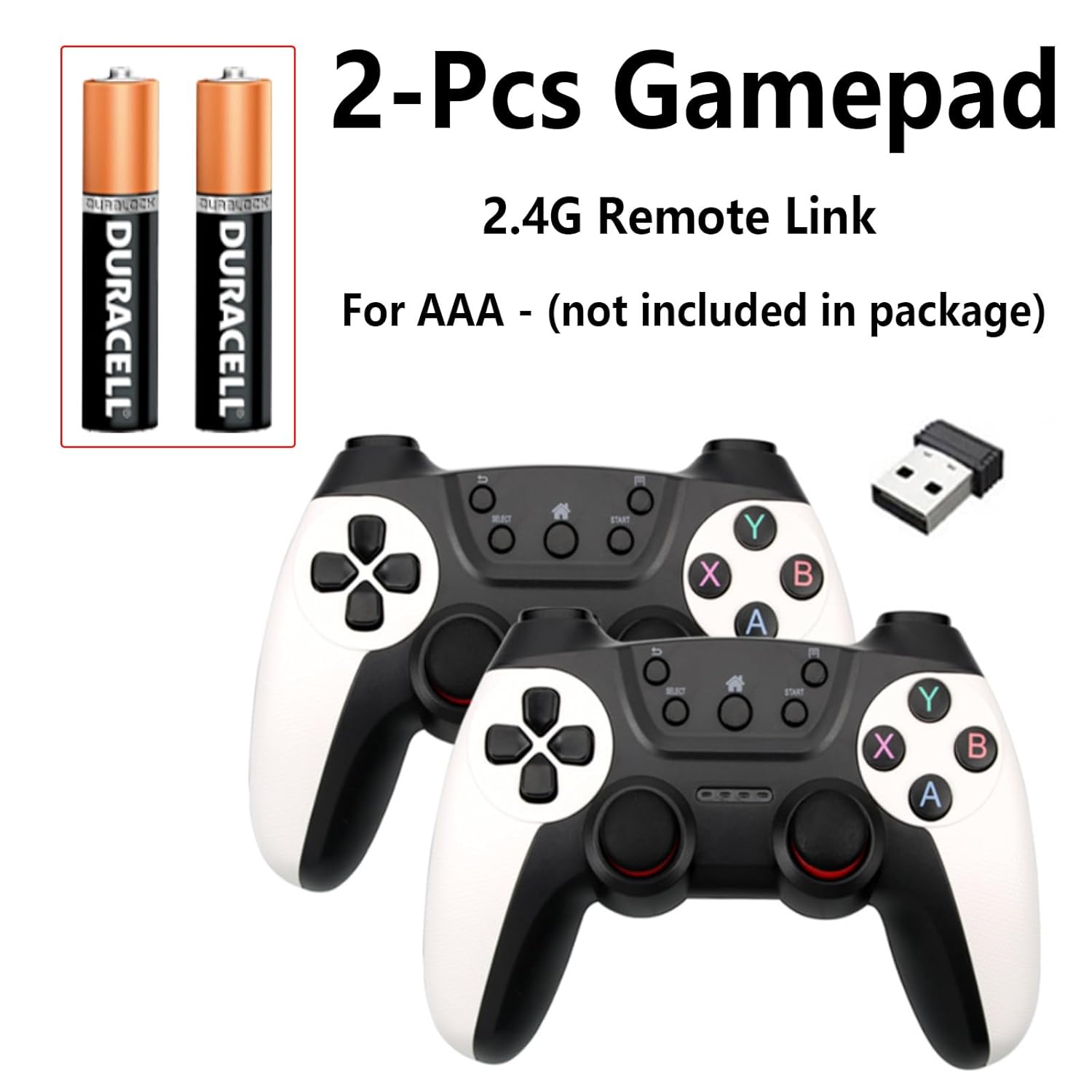 Two wireless gamepads, a USB receiver, and two AAA batteries (not included) are shown as package contents.