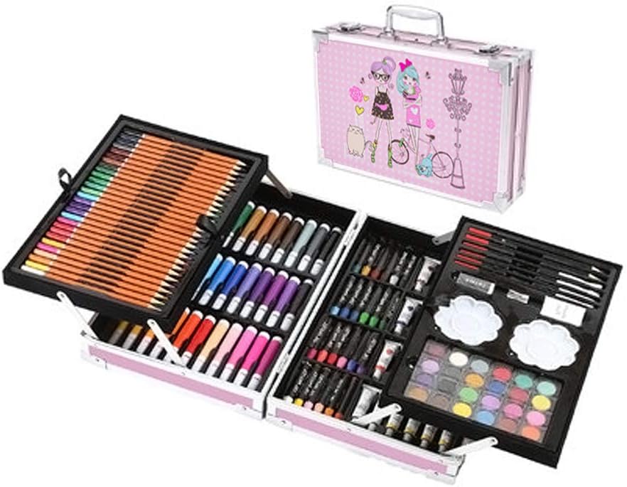 Art Set 145 Pcs Supplies Kit in Portable Case Painting Set for Kids Adults Pencil Markers Paints Oil Pastels Watercolor Cake, Pink Girls Case