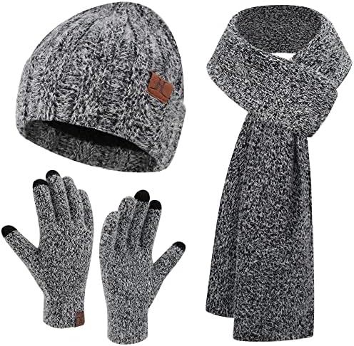 Bequemer Laden Womens Winter Warm Knit Beanie Hat Touchscreen Gloves Long Scarf Set with Fleece Lined Skull Cap Gloves Scarf for Women