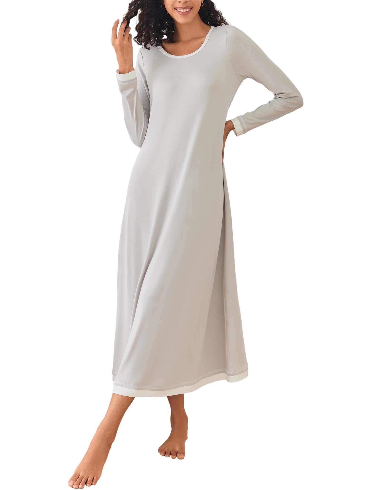 Ekouaer Camicia da Notte Donna Manica Lunga Girocollo Lungo da Notte Invernale Pigiama Comodo Ampio Sexy Camicie Tinta Unita Abbigliamentoda Casa S-XXL
