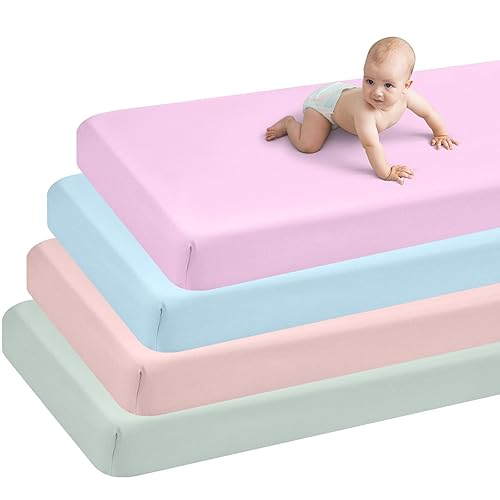 Miniatura 2 de Peryiter Paquete de 4 sábanas bajeras ajustables para cuna, de microfibra multiusos, transpirable, para colchón de cuna de 28 x 52 pulgadas, sábana