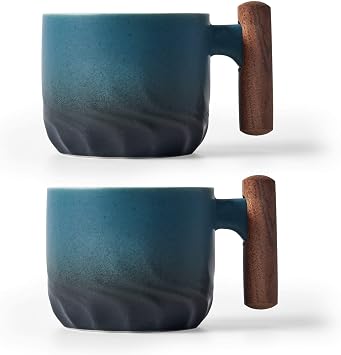 Ceramic Espresso Cups with Wooden Handle, Espresso Coffee Shot Cups, Ceramic Tea Cups, Demitasse Porcelain Mugs for Coffee or Tea, 2oz Blue, 2