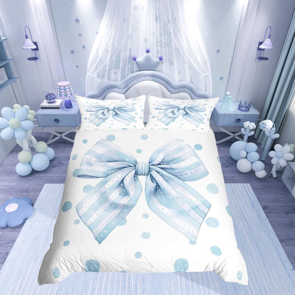 Loussiesd Coquette Bows Comforter Cover Junior/Cot Bed Size Peach Blossom Bow Bedding Set for Kids Blue Bowknot Duvet Cover Women Men Teens Decor Dreamy Princess Style Bedspread Cover Zipper Closure
