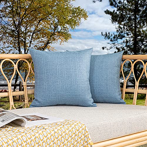 Kevin Textile Pack of 2 Outdoor Waterproof Throw Pillow Covers Decorative Farmhouse Checkered Square Solid Cushion Cases for Patio Garden Porch Sofa Light Blue 18x18 inch