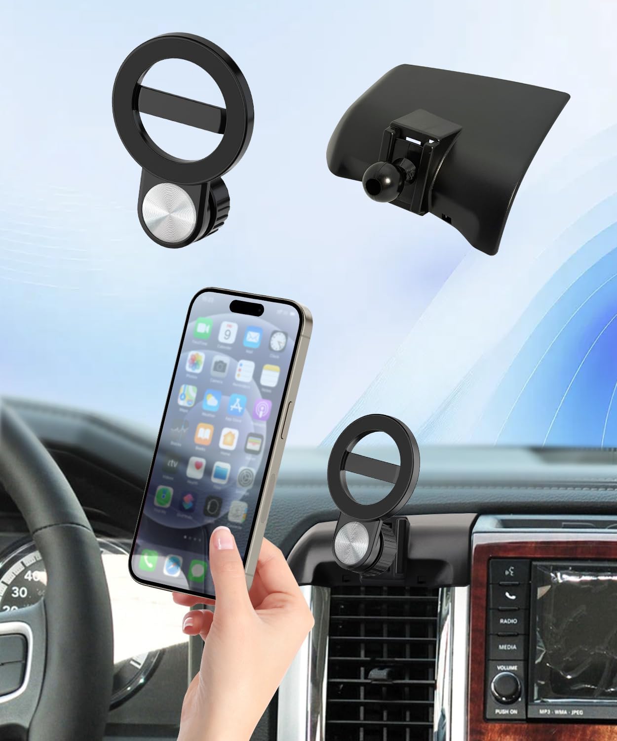 Car Phone Holder for 2013-2018 Dodge Ram 1500 2500 3500 Auto Accessories, Cell Phone Mount Compatible with MagSafe, 360° Rotation, Hands Free Not Affect Air Vent